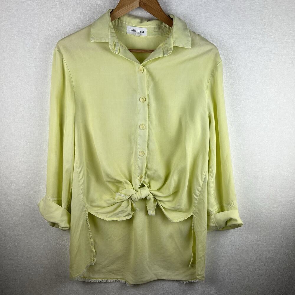 Bella Dahl Shirt Womens Small Chartreuse Yellow Tie Front Hi Lo Raw Hem Blouse